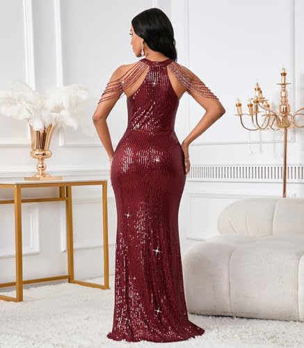 Image of Cololura Women Sexy Elegant Sequin Tassel Off Shoulder Halter Bodycon Maxi Dress Party Evening Gown Formal Dress