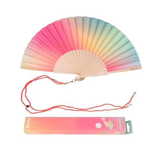 Fisura – Abanico original con estampado degradado rosa y verde. Abanico de madera moderno y colorido. Ventilador de mano original. Colgador incluido. Medidas: 42,5 x 23 cm