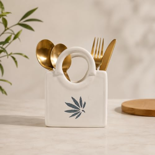 Image of Ceramic Cutlery Holder for Kitchen - 450 ml Utensil Organizer - White Floral Design - Spoon Stand for Kitchen Counter, Dining Table & Home Decor (Botanical Leaf)