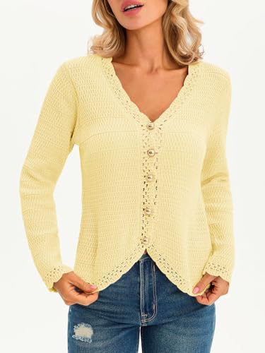 Image of Saodimallsu Womens V Neck Cardigan Sweaters Button Up Cropped Boho Knit Long Sleeve Loose Trendy Sweater Tops