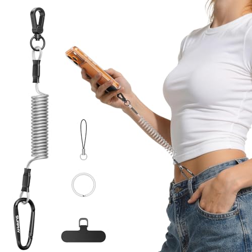 SURPHY Anti Theft Phone Strap, Sturdy Steel Wire Key Chain, Stretchy Retractable Phone Lanyard with Carabiner, Cellphone Lanyard for Outdoor Fishing Climbing Hiking Boating Skiing, Clear