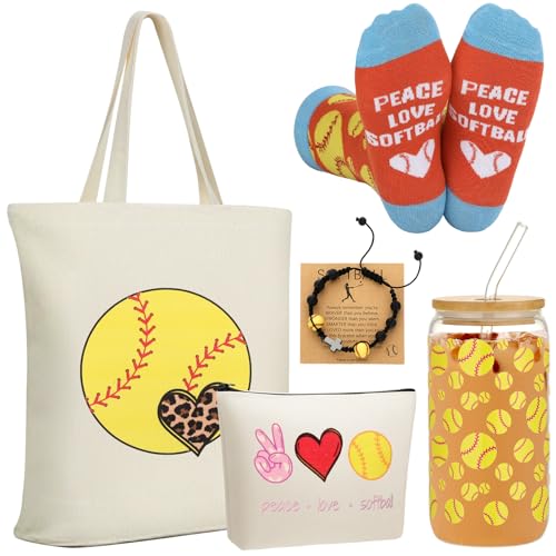 Chunful 6 Pcs Softball Gifts Set for Teen Girls & Women Team Essentials Accessories Include 16 oz Glass Jar Tumbler Canvas Tote and Makeup Bag Novelty Socks Bracelets for Softball Stuff Lover Coach