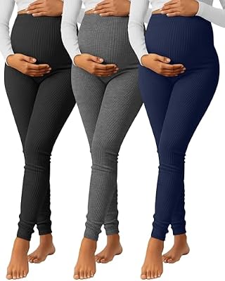 Sweetyweee 3-Pack Women’s Maternity Pants – Ribbed Cotton Over-the-Belly Lounge Pants (Black, Dark G...