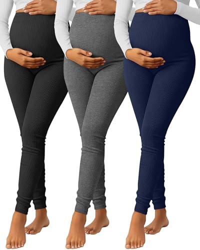 Sweetyweee 3-Pack Women’s Maternity Pants – Ribbed Cotton Over-the-Belly Lounge Pants (Black, Dark Gray, Navy Blue, XX-Large)