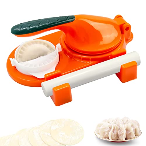 Moule de Fabricant de Boulettes, 2 in 1 Dumpling Maker Moule à Ravioli Machine, Moule à Boulettes Manuel avec rouleau à pâtisserie, Presse à pâte à Empanadas et boulettes, Moule à Dumplings (Orange) Cover