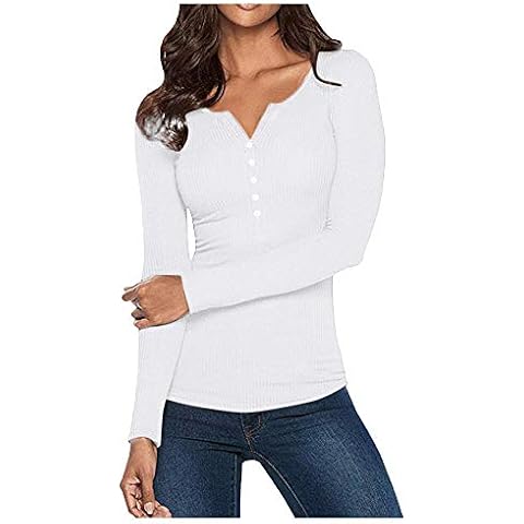 Womens Tops, SHOBDW Fashion Ladies Solid Color Button Sweater Top T-Shirt Womens V Neck Shirts Long Sleeve Down Basic Tees Sexy Sweatshirt(White,M) Cover