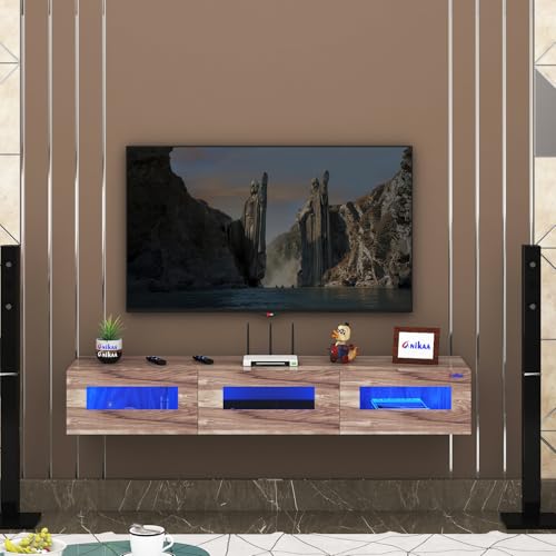 Image of Anikaa Rayza Wall Mount Modern Floating TV Unit for Living Room | 3 Closed Storage cabinets with hinged Door - 3 Blue LED Light | Ideal for UP to 65 Inch TV Coachwood Finish - DIY Installation