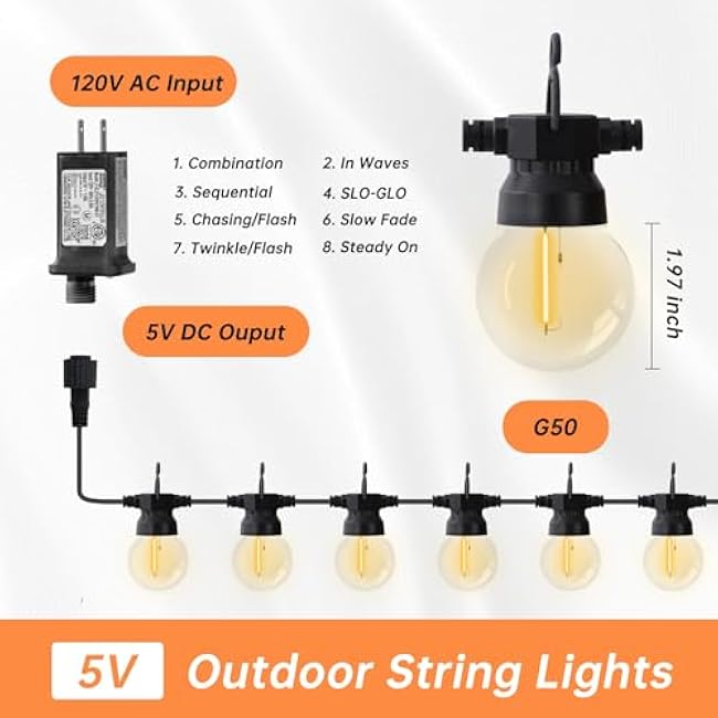 Outdoor String Light 12FT Spherical G50 Drop-Proof Waterproof Transparent lampshade Warm White Light Suitable for Garden Party Terrace Outdoor Courtyard Light String