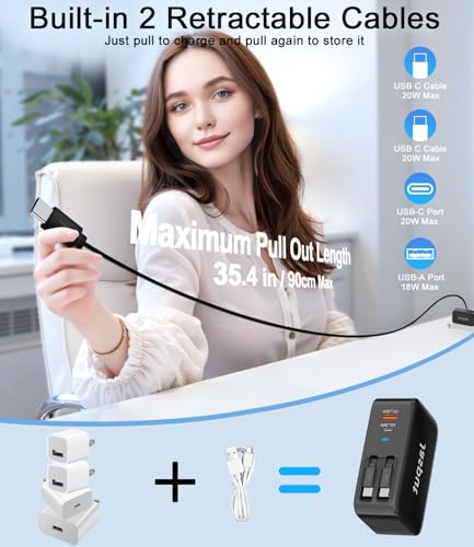 Image of 4 in 1 Retractable Wall Charger with Dual Cables,40W Retractable Phone Charger Wall Plug with Dual USB Ports,20W USB C Chargers Block Fast Charging for iPhone 17 16 15 14 13,LG, Galaxy S24 23,Pixel