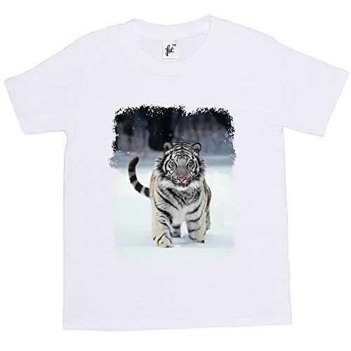 Fancy A Snuggle White Tiger Kids Boy Girl Cotton Short White Sleeve T-Shirt - Size 9-11 Years