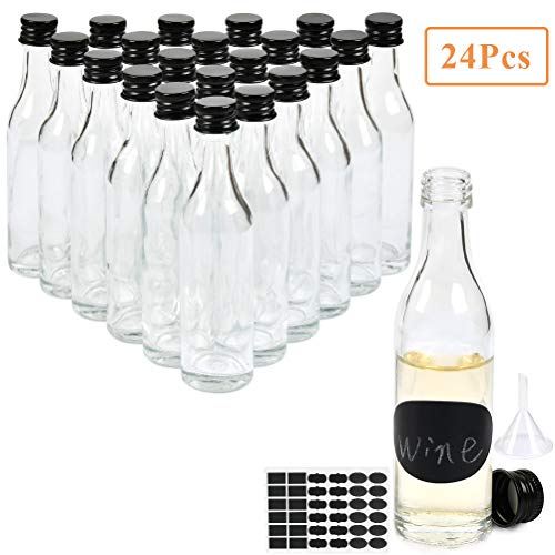 OFNMY 24 Pcs 50ml Miniature Glass Spirit Bottle Mini Liquor Bottles Empty Spirit Bottles with Black Lid, Liquid Funnel & Stickers, Mini Glass Bottles for DIY Drink, Home Party,Wedding