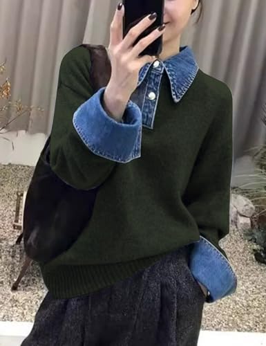 Image of Womens Denim Lapel Sweater Oversized Long Sleeve Button Down Polo Knit Pullover Sweaters 2025 Fall Outfits