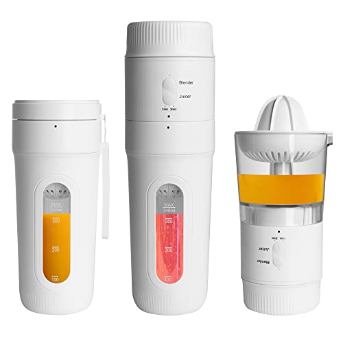 Hakka Portable Blender, 3 in 1 Personal Blender for Shakes and Smoothies 12oz Multifunctional Juicer Cup with 4 Blades & USB Type-C Rechargeable, White