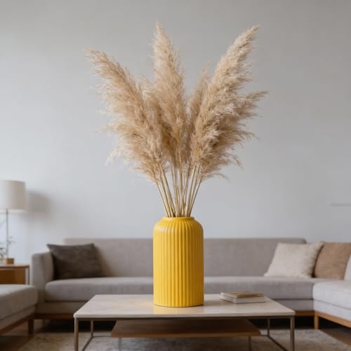 Image of Yellow Ribbed Ceramic Flower Vase 6 Inch Matte Pampas Grass & Dried Flower Vase for Home & Office Table Decor Decorative Centerpiece Gift - Vase Only