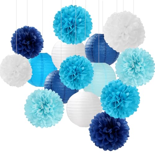 Image of Blue-White Birthday Party-Decorations Paper-Flowers Lanterns - 15PCS Light Royal Tissue Pom Poms Streamers,Classroom Ocean Themed Baby Bridal Shower Bachelorette Wedding Hanging Supplies Decor Hugfond