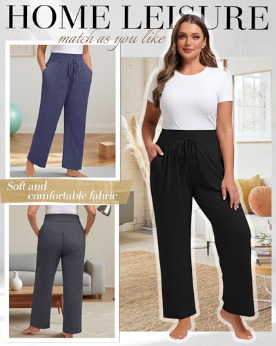 Neer 3 Pack Women's Plus Size Lounge Pants, Wide Leg Yoga Pants Baggy Drawstring Sweatpants with Pockets Casual Loose Jogger4