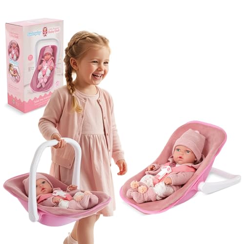Kinderplay Babypuppe 30,5 cm mit Autositz – Babyschale für kleine Puppe, leichte Trageschale als Puppenzubehör ab 3 Jahren (Rosa)