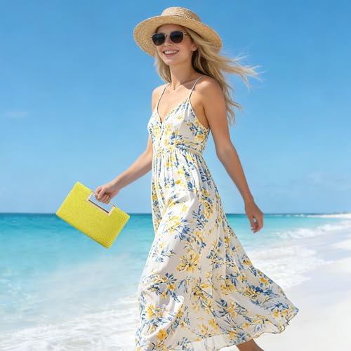 Image of Women's Straw Raffia Clutch Purse, Top Handle Woven Handbag with Crossbody Strap, Summer Beach Shoulder Bag