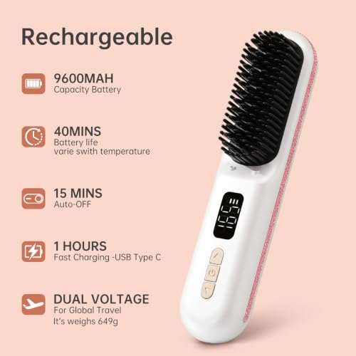 Image of Hair Straightener Brush, Portable Cordless Straightening Brush for Travel, Negative Ion Hot Comb Hair Straightener with 9 Temps for Women, Anti-Scald Ceramic, Fast Charge