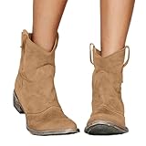 Cowboy Boots For Women Low Heel Suede Chunky Heel Ankle Round Toe Short Boots Slip On Slouchy Fashion Retro Back Zipper Mid Calf Booties Fall Winter Comfortable Warm