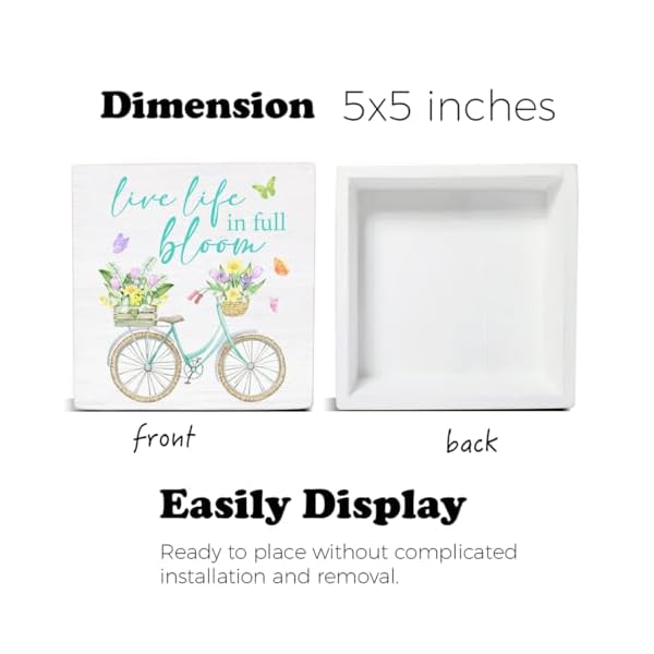 Spring decor spring decorations live life in full bloom floral bicycle wooden decorative sign home decor for desk table shelf 5 x 5 inches  urban country home decor