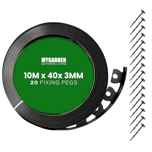 My Garden Flexible Lawn Edging 10Mx40x3MM Plastic Garden Edging Strip Weather-Resistant Grass Edging Border with 20 Fixing Pegs Easy to Cut & Bend Perfect for Flower Beds Lawn Pavement