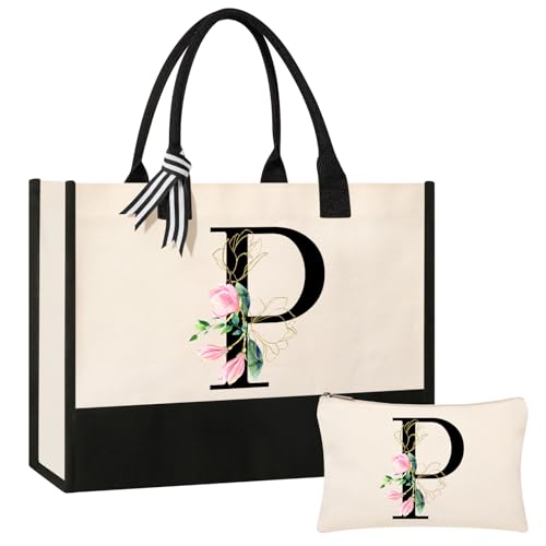 AYGE Bolsa de praia personalizada com inicial inicial de lona, presentes monogramados para mulheres, sacola, bolsa de maquiagem, para irmã, mãe, professora, dama de honra (P),