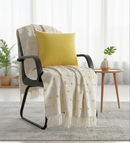 Image of SAJAVAT HOME Soft Cotton 3 Seater Sofa Throw with Cushion Covers | 80x52 Inches / 204x132 Cm | Beige Yellow Throw & Velvet Yellow Cushion 18''x18'' for Sofa, Bed, Chair & Travel | Pack of 1