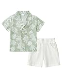 YALLET Toddler Boy Clothes Summer Outfits Short Sleeve Button Down Shirt+Shorts Baby Boy Beach Casual Clothe （Light Green Print, 3-4T）