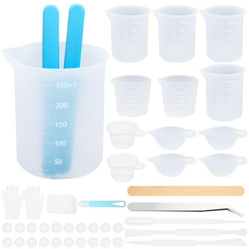 Celepoir Tasses à Mesurer Silicone Set, 30/100/250ml Silicone Gobelet Doseur, avec Gobelet Mélangeur, Agitateur, Gobelet Doseur, Gants & Résine Accessoires, pour Coulé Moules, DIY, Facile à Nettoyer