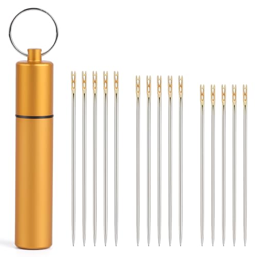 GarfxG 15 Pieces Self Threading Needles Easy Threading Steel Needles for Hand Sewing Needles with A Metal Tube for Storing Stainless Steel Handmade Sewing Embroidery Needle Accessories