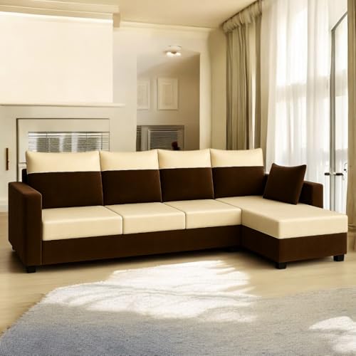 Image of FURNY Arissa 6 Seater Fabric RHS L Shape Sofa Set (Cream-Dark Brown) Premium Velvet Finish | Durable Comfort | Ideal for Living Room