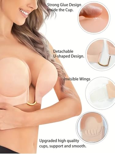 U-Shaped Invisible Bra，Women Sticky Push Up Backless Strapless Deep Plunge Invisible Padded Self Adhesive Bras4