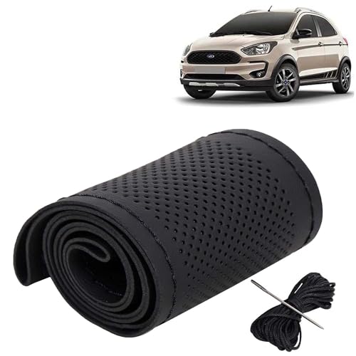 Image of KINGSWAY PU Leatherite Car Steering Cover Sewable Compatible with Ford Freestyle (Year 2018-2021), Black Color with Black Thread, Pack of 1 with Sewing Needle and Thread