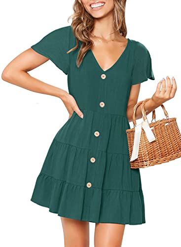 Image of MITILLY Women's Casual T-Shirt Dresses Sleeveless V Neck Button Down A Line Loose Swing Short Dress with Pockets