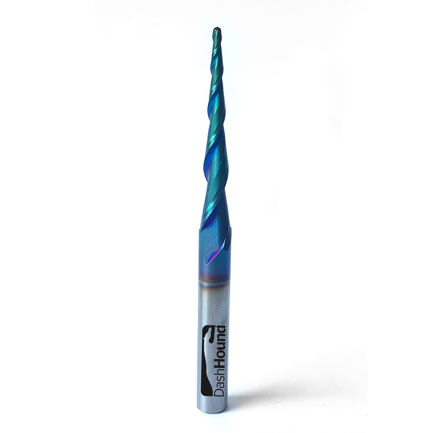 DashHoundBRB236 Milling Cutters 2 Flutes Ball Nose Up Cut CNC Router Bits NACO Coated 2D and 3D Carving Tapered Angle 3.6 Deg with 1/16 Inch Cutting Dia, 1/16" CD X 1-1/2"CL X 1/4" SD x 3" OL