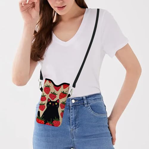 Image of Neoprene Cell Phone Sleeve Pouch Case Bag with Crossbody Strap Neck Lanyard for Women 7.1 X 3.9 in Strawberry Cat