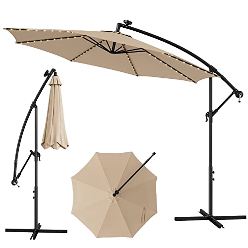 Tangkula 10Ft Solar Offset Umbrella, Tilted Cantilever Hanging Umbrella With 112 Led Lights, Lighted Patio Sun Shade With Crank Handle, Outdoor Market Umbrella For Poolside, Backyard & Deck (Beige) #TOP26