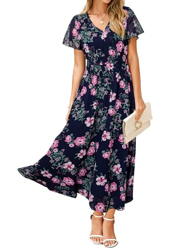 Image of Simplee Womens Floral Maxi Dress - Short Sleeve Summer Boho Wedding Guest Dress Empire Waist Chiffon Modest Midi Dresses