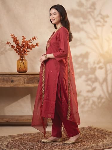 Image of INDO ERA Women's Silk Blend Floral Embroidered Thread Work Kurta & Pant with Dupatta Set