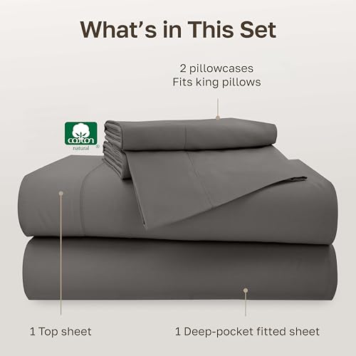 Image of California Design Den 500TC 100% Cotton King Size Sheets Set, Dark Grey | Good Housekeeping Seal, OEKO-TEX Certified, Silky-Soft Sateen Weave, 4pc Set, 16 inch Deep Pockets, For Hot Sleepers, All-Season