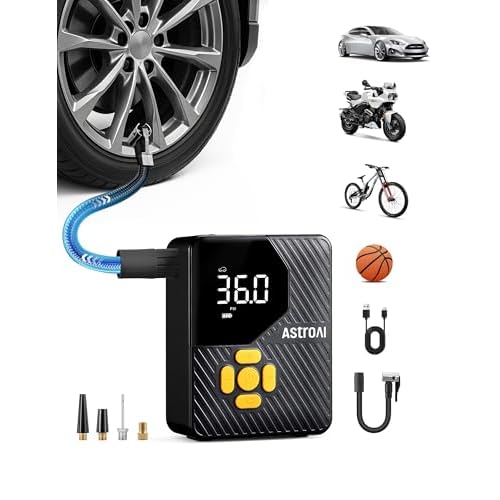 AstroAI L7 Mini Tire Inflator Portable Air Compressor,150 PSI Cordless Car Tires Air Pump with LED Lights&Pressure Gauge,Auto Shut-Off - Tire Pump for Auto,Motorcycle, Bicycle, Ball Yellow Y