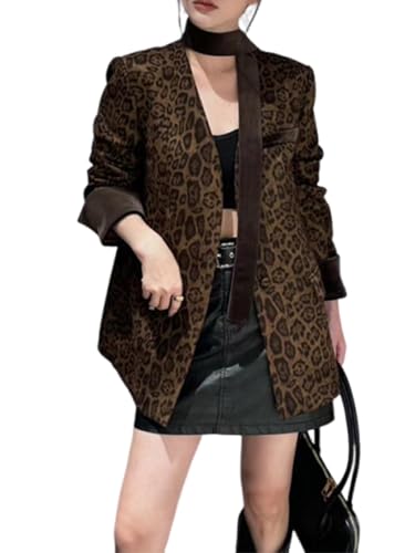 utcoco Women 2025 Trendy Leopard Blazers Business Casual Open Front Work Office Blazer Jacket with Belt