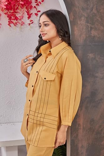 Image of Women's Yellow Rayon Co-Ord Set | Unique Style Collar Neck Full Sleeve Shirt & Matching Pants | Thread Work Ethnic Wear Kurta Set