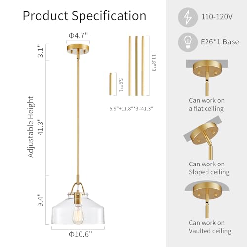Image of WUZUPS Chandelier Rustic Farmhouse Industrial Round Ceiling Pendant LED Light Fixture with Clear Glass Shades for Dining Room Kitchen Island Foyer Entryway, H 9.4 inch x W 10.6 inch, E26 Base, Gold