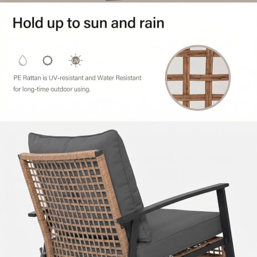 Image of LAUSAINT HOME 3-Piece Rocking Bistro Set, Outdoor Patio Furniture with Thick Cushions and 2-Tier Coffee Table, Oversize Rattan Conversation Set for Garden, Balcony, Backyard (Grey)