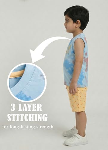 Image of Pure Cotton Sleeveless T-Shirt and Half Pant Set for Boys Kids| Kids boys tshirt and half pant set| Coordinated Set for Unisex kids| Roundneck Tees| Lightweight and Breathable