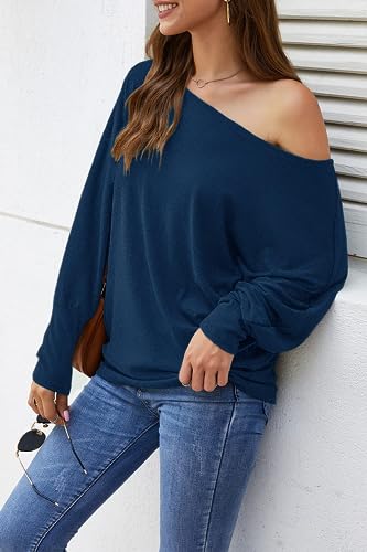 Image of Aifer Women's Off The Shoulder Tops Sexy Long Sleeve Shirts Oversized Fashion Casual Batwing Sweaters Pullover Tunic Tops