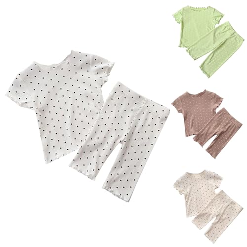 Girls Cotton 𝐏ajamas Set Polka Dot 𝐏ajamas Short Sleeve Ruffle Ribbed Knit Sl𝐞epwear Kids Ruffled Edge​ Loung𝐞wear4