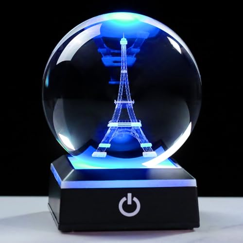 Image of 3D Crystal Ball Paris Eiffel Tower Snow Globe Decor Gifts for Women Men Adults with LED Base Lamp Souvenirs Xmas Ornament Unique Paris Stuff Glass Snowglobes for Christmas Birthday